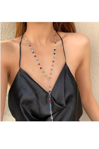 Altın Kaplama Renkli Taşlı Y Model Kadın Kolye Altın