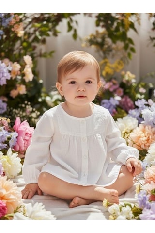 Kız Bebek Pamuklu Hakim Yaka Dokuma Gömlek-16357 Beyaz