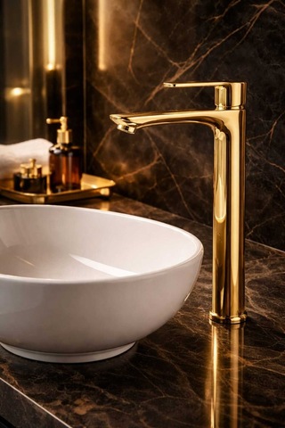 Viosa Gold Altın Renk Kaplamalı Çanak Lavabo Bataryası Yüksek Banyo Lavabo Bataryası Siyah