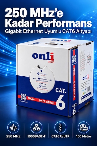 Onli Cat6 Ethernet Kablosu 100 Metre 250 Mhz Gri Data Kablosu