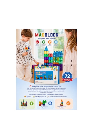 72 Parça Manyetik Yapı Blokları - Tamamı Mıknatıslı - Destekleyici Set - Tüm Markalarla Uyumlu.