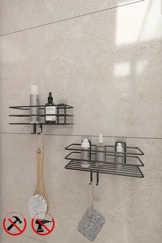 Güçlü Yapışkanlı Metal Kancalı Siyah Banyo Rafı 2 Adet Siyah