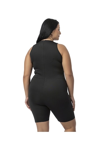 Büyük Beden Arkadan Fermuarlı Siyah Kısa Taytlı Tulum-siyah Siyah