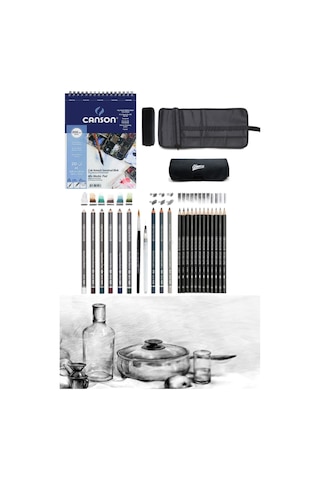 Canson Defter A5 200 Gr Cretacolor 6'lı Aquarell Sulandırılabilir Fırçalı Rulo Kalemlik Eskiz