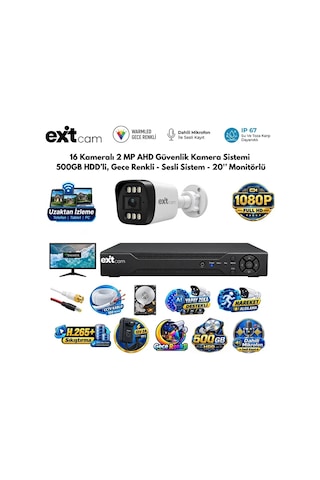 16 Kameralı 2 Mp Ahd Güvenlik Kamera Sistemi 500gb Hdd'li, Gece Renkli - Sesli Sistem - 20 İnç Monit