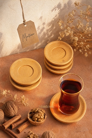 Ahşap Çay Tabağı 6 Lı Set Bardak Fincan Kupa Altlığı Yuvarlak Ahşap