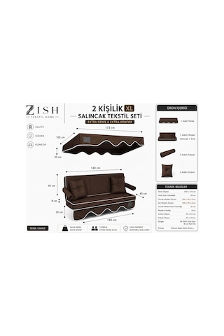 Zishome 2 Kişilik Bahçe Balkon Salıncağı Tekstil Seti 140x45x8 Cm Minder Ölçüsü Oturak Sırt Minderi Ve Tente Takımı Antrasit, Metal İskelet Dahil Değildir Kahverengi