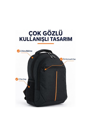 3 Bölmeli Okul Sırt Çantası Laptop Bölmeli Siyah-turuncu 2121