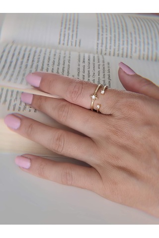 İki Sıralı Yıldız Zirkon Taşlı Ayarlanabilir Gold Altın Renkli Yüzük Gold