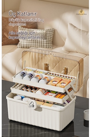 Bosphorusboutique02 Çok Katlı Büyük Kapasiteli Taşınabilir Tıbbi Acil İlaç Kutusu, Bej Ve Beyaz Fildişi Renklerinde, Ekstra Büyük Ve Taşınabilir Design Beyaz