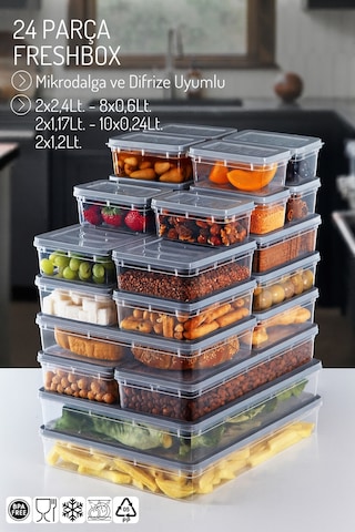 24'lü Set Freshbox Mikrodalga Ve Difrize Uygun Saklama Kabı Gri