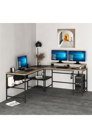 Minarmobilya Minar Greta L Köşe Çalışma Masası - Dore/Siyah Ceviz