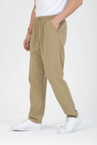 Baw Company Unisex Ince Yazlık Beli Lastikli Kordonlu Keten %100 Pamuklu Kumaş Pantolon Pijama Bej