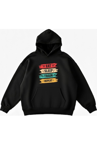 Maki Home Makiteks Siyah Pamuklu Unisex Cepli Kapüşonlu Rahat Kesim Eat Sleep Train Repeat Baskılı Sweatshirt SiYAH