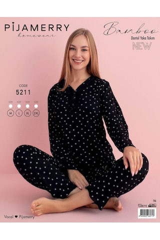 Pijamerry Kadın Bambu Baharlık Dantel Yaka Uzun Kol İnce Pijama Takımı 5211s - 1 Adet Siyah