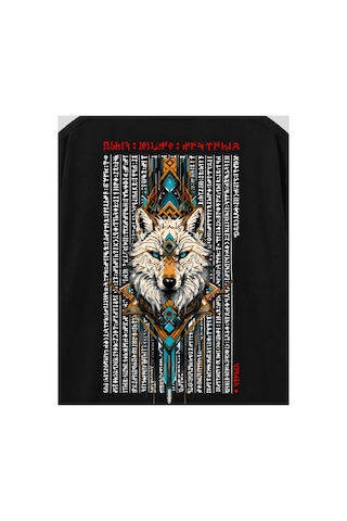 Yolo Street Etnik Kurt Baskılı Siyah Oversize Erkek Tişört Sırt Baskı %100 Pamuk Vintage Streetwear Siyaha11