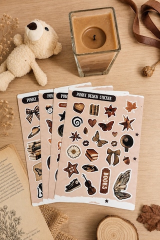 Kahverengi Sticker Seti Vintage Ayıcık Kitap Kahve Çiçek Estetik Etiket-4 Sayfa-90 Adet-kalın Kuşe K