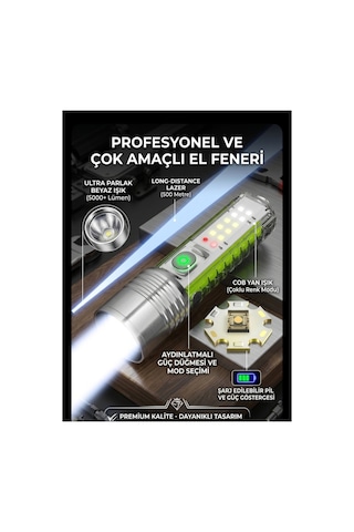 Çok Fonksiyonlu Polis Bekçi Kamp Dağcı Profesyonel El Feneri Şarjlı Metal El Feneri Gri