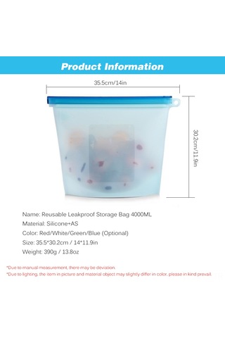 Reedark 4000ml Yeniden Kullanılabilir Silikon Muhafaza Çantası - Hava Ve Sızıntı Geçirmez, Meyve, Sebze, Atıştırmalık Depolar, Dondurucuda Kullanım, Mavi A4000 Mavi