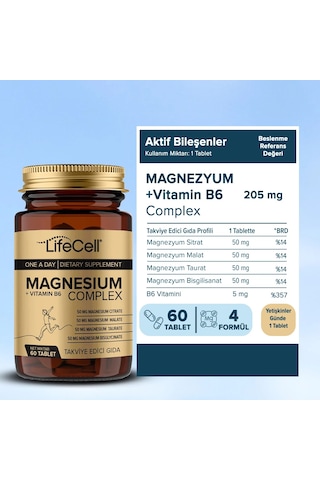 Lifecell Magnezyum Kompleks + Vitamin B6 Taurat - Bisglisinat - Malat - Sitrat İçeren Takviye Edici Gıda 60 Tablet