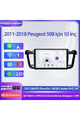 Otolas 2011-2018 Peugeot 508 Için 8+128gb, Gps, 10 Inç Carplay Destekli, Kameralı Multimedya Navigasyon Ekranı 10"