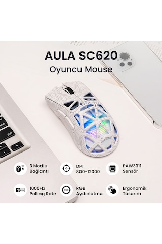 Aula Sc620 Paw3311 Sensör 12000 Dpı 1000hz Kablolu Ve Kablosuz Gaming Oyuncu Mouse Desenli Beyaz