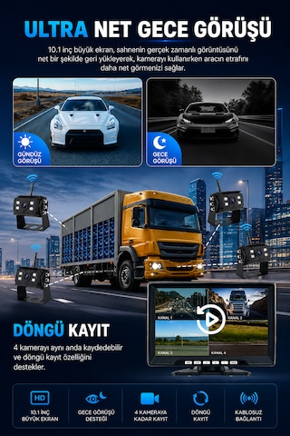10'' Inç Monitörlü 4 Kameralı Tır Kamyon Otobüs Servis İçin Kablosuz Araç Seti