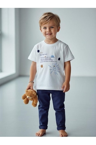 Zekids Erkek Bebek Pamuklu Baskılı T-shirt-16931 Beyaz