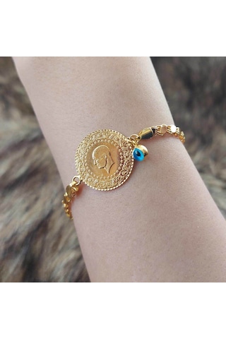 Altınbeyi Yarım Altınlı Pullu Zincirli Bileklik Sarı Altın