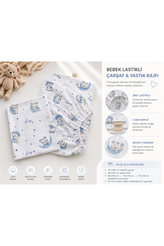 Minora Baby&kids %100 Pamuk Ranforce Anne Yanı Park Yatak Lastikli Bebek Çarşafı Ve Yastık Kılıfı Seti 70x120 - 35x45 - Mavi Ayı