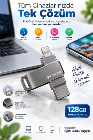 Kompakt Tasarımlı 128gb Çok Amaçlı Usb Flash Bellek Lightning Type C Girişli Taşınabilir Depolama