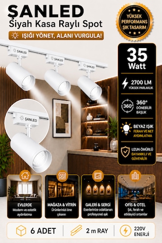 Led Beyaz Kasa Beyaz Işık 35w Raylı Spot / 6 Adet 2 Metre Ray