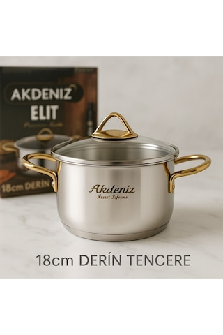 Elit Serisi 20 Cm 3 Lt Gold Kulplu Paslanmaz Çelik Tencere Cam Kapaklı, Şık 18/10-142 Metalik