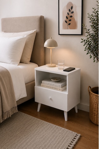 Yatak Odası Komodin Beyaz Çekmeceli Minimalist Basic Ayaklı