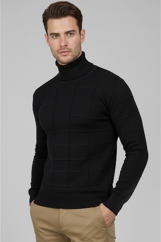 Deepsea Erkek Siyah Kare Desenli Balıkçı Yaka Slim Fit Boğazlı Triko Kazak 2505493 Siyah