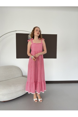 Verymoda Kadın Pötikare Desenli Askı Bağlama Detaylı Maxi Elbise D3108 Pembe