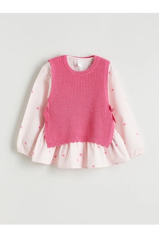 Lc Waikiki Pembe Baskılı Poplin Kız Çocuk Gömlek Ve Süveter