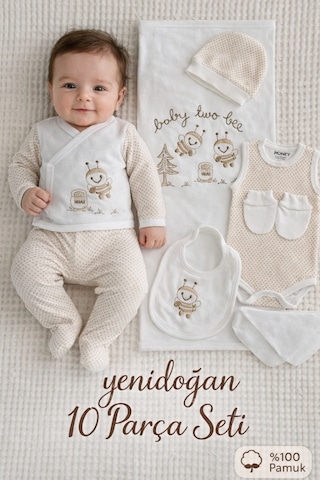 Petino Yenidoğan Hastane Çıkış Seti 10 Parça %100 Pamuk Nakışlı Bebek Seti Bej Unisex