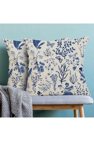 Moveevo 45x45 Cm 2 Adet Poliester Linen Kırmızı Çiçek Desenli Yastık Kılıfı - Gizli Fermuar, Dayanıklı, Ev/koltuk/araba İçin Mavi