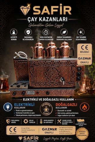 3 Gözlü Bakır Çay Kazanı Elektrik + Doğalgazlı Bakır Çay Semaveri Ce Ve Gazmer Açılış Onaylı Gaz Emniyet Kilit Sistemli Gaz Vanalı Güneş Model Bakır Çay Ocağı Kazanı Vip Plus