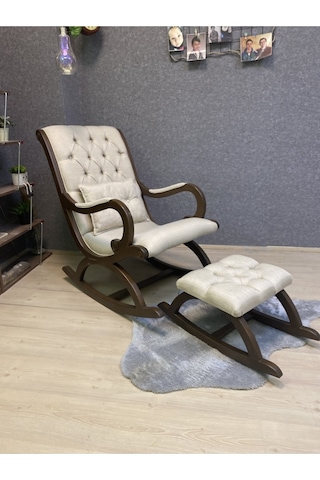 Asedia Rustik Ceviz Krem Sallanan Sandalye Dinlenme Koltuğu