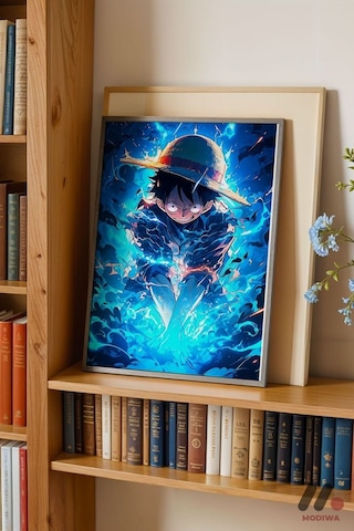 One Piece Mavi Enerji Poster, Siyah Çerçeveli Duvar Tablosu - Anime Severlere Özel Hediye