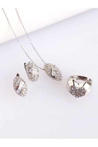 Baget Işıltılı Su Yolu Tasarım Kolye Küpe Yüzük Kadın Gümüş Set
