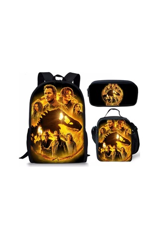 Geekyou Jurassic World Okul Çantası Seti - 3 Parça Dinozor Desenli Sırt Çantası + Beslenme Çantası + Kalem Kutusu Siyah