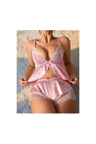 Lily Bianca Nightwear Dantel Detaylı Saten Alt Üst Takım Gecelik Pembe