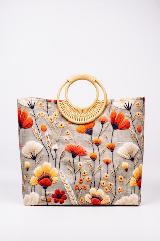 Fabric Craft Bag El Çantası Duck Kumaş Bambu Saplı Desenli Çok renkli