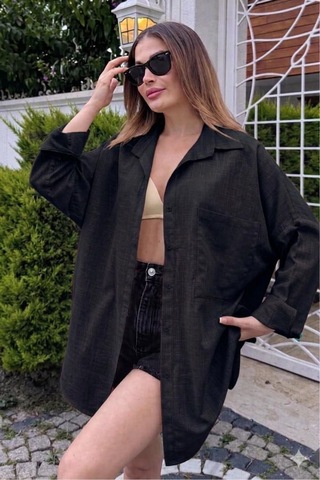 Rouge Basıc Oversize Keten Dokulu %100 Pamuk Salaş Gömlek Siyah