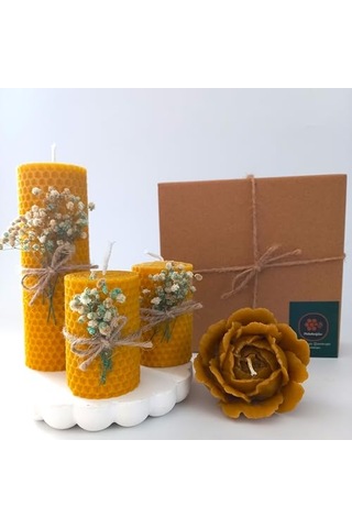 Balmumu Mum Dekoratif Hediye Kutusu 4 Lü Set Doğal Petek Beeswax Candle Açmış Gül Yeşil Krem Süslemeli Açmış Genel