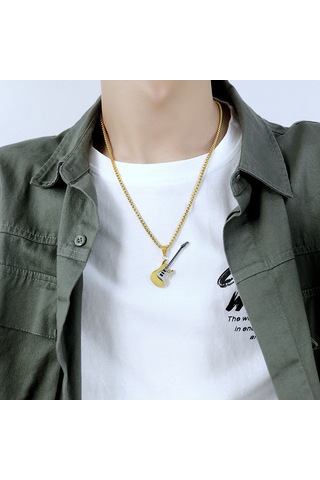 Relaxed Kişiselleştirilmiş Moda Avrupa Ve Amerikan Hip-hop Paslanmaz Çelik Gitar Kolye Titanyum Çelik Kolye-altın -inci Tel 3 55cm Altın