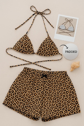Angbutik Kadın Leopar Desenli Şortlu Belden Ve Boyundan Bağlamalı Bikini Takımı